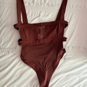 Free People Brown Bodysuit with Mesh Cutouts